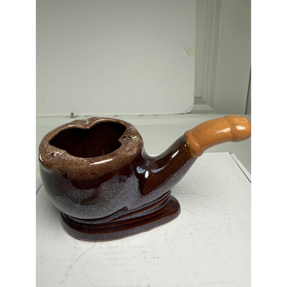 Vintage Ceramic Pipe Shaped Ashtray Brown Drip Glaze Made in Japan Tobacciana